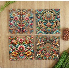 Set of 4 Colourful Victorian Tile Design Ceramic Coasters – Glossy & Cork Backed