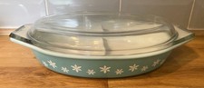 Vintage Pyrex Glass Snowflake Turquoise Divided Casserole Serving Dish