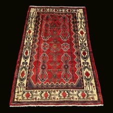 Vintage Hand Knotted Rug 4x6 ft Wool Hamadan Oriental Area Rug Red Geometric