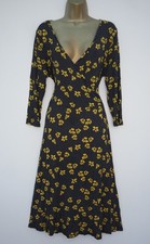 DEBENHAMS BLACK WHITE MUSTARD FLORAL POLKA DOT JERSEY WRAP TEA DRESS SIZE 16