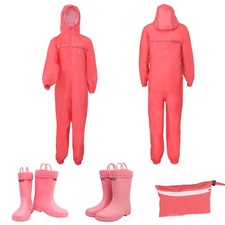 ZORAX Pink Kids Rain Suit Waterproof Puddle Suit Overalls & Boots With Handles