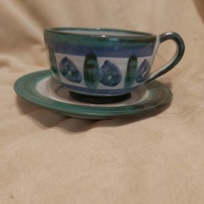  VINTAGE TINTAGEL ART STUDIO POTTERY CUP & SAUCER HAND PAINTED TERRACOTTA 