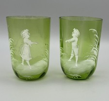 Pair Antique Mary Gregory Green Glass Beakers Hand Painted Home Decor 10cm