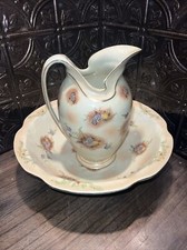 Vintage antique large wash basin with water pitcher unmarked floral print