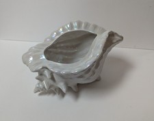 Vintage Large Iridescent White Conch Sea Shell Shaped Pottery Plant Pot Planter