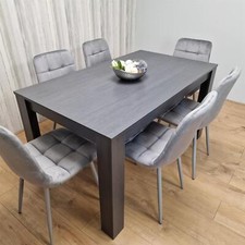 Dining Table and 6 Chairs  Black Dark Grey 6 Grey Velvet Chairs Wood Dining Set