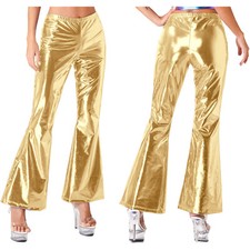 UK Womens Pants Shiny Flare Bodycon Elastic Waist Bell Bottoms Trousers Clubwear