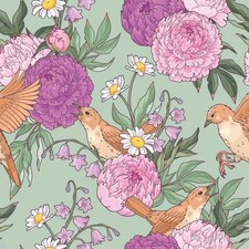 Dolls House Wallpaper Birds & Pink Purple Flower Design Miniature Print 1:12