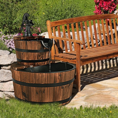 Garden wooden barrel fountain - barrel,