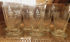 Vintage 6 Large Glasses 230ml MOUTH BLOWN Etched Bluebells & Ferns 12cm Cordials