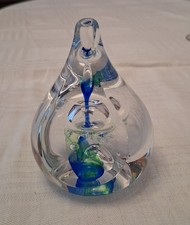 Caithness Paperweight "Splash" Blue With Green. Pear Shaped With One Flat Side.