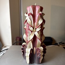 Hand Crafted / Hand Carved Vintage Candle Burgundy & Cream New and Unused 9inch