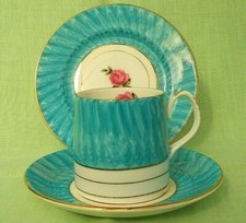 Vintage Dakin bone china cup, saucer & plate trio - blue feathered bands & roses