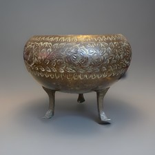 Antique Asian Bronze Or Brass 3 Legged Decorative Etched Bowl
