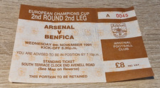 TICKET STUB- RARE- EUROPEAN CUP- ARSENAL V BENFICA- HIGHBURY- NOVEMBER 1991