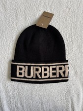 Burberry Men’s Black Beige Logo Beanie Hat Wool Knit Designer Winter Cap