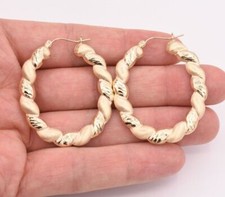 2" Large Twisted Diamond Cut Bamboo Satin Hoop Earrings Real 10K Yellow Gold