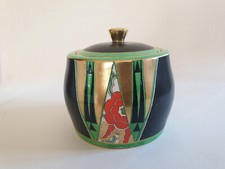 Lovely Crown Devon Art Deco geometric lustre emamel & gilded biscuit barrel