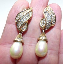 PAIR VINTAGE CHRISTIAN DIOR CLIP ON EARRINGS FAUX PEARL DROPS SIGNED CHR.DIOR