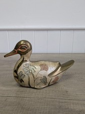 Vintage Brass Duck Enamel Floral Design Paperweight Ornament Patina - Home Decor