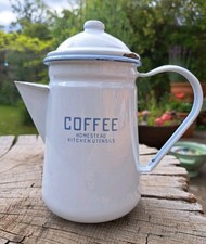 Vintage Enamel Coffee Pot White & Pale Blue Homestead Kitchen Utensils