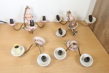 Vintage Pink Flemish Ceramic 3 Arm Chandelier & 2 Arm Wall Light Sconce Bundle