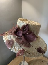 Stunning Philip Treacy Straw Wide Brimmed Hat With Brown Heart Shaped Leaves