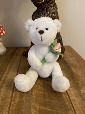 Tesco White Teddy Bear Soft Toy Holding Single Pink Rose Flower 10” Rare