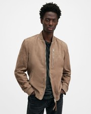 AllSaints Men's Kemble Bomber Jacket Suede Brown Zip Stand Up Collar Size XL