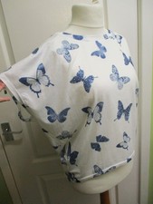 QED LONDON SIZE S/M OVERSIZED WOMENS BUTTERFLY PRINT T-SHIRT WHITE/BLUE
