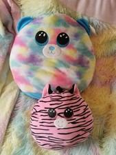 2 x Ty Squish A Boo 14" Rainbow Bear Tie Dye & pink giraffe Squishmallow Pillow 