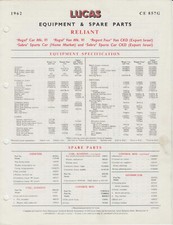 Reliant Regal Mk VI  Car Van 1962 Sabre Lucas Spare Parts List  NOT ILLUSTRATED