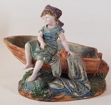 Antique 19th Century Austrian German Majolica Girl & Fishing Boat Ornament Bowl