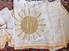 vintage church altar cloth, cream silk brocade with metallic embroidery, fringe