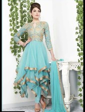 Aqua Green Gold Lace And Embroidered Net Suit/Dress Boutique stitched UK size 8