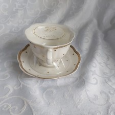 Beautiful Teacup and Saucer, White with Gold Dots