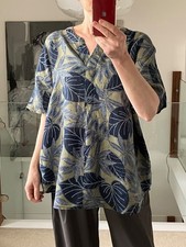 Nicole Farhi Pure Linen Casual Short Sleeve Top Navy Green Mix Leaf Print XL