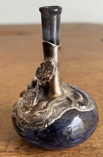 Iridescent Art Glass Scent Perfume Bottle Bud Vase Blue Silver Floral Overlay 