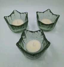 Leaf Design Aqua Recycled Glass Tealight/Candle Holders, Set Of 3