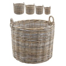 Grey & Buff Rattan Round Wicker Log Storage Basket