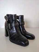 Zara Ankle Boots, Black Studded Cut Out, Double Buckle, Block Heel, UK 4 EUR 36