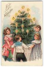 Christmas Children Around Tree - 1905 German Artist Drawn Postcard X31