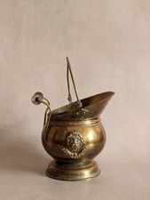 Vintage Lion Brass Small Coal Scuttle Planter Pot With Wooden Handle