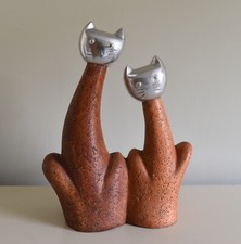 Cat figurine ornament, long neck cats with metal heads, unusual heavy, 29cm high