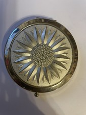 Retro Silver Sunflower w/ Crystal Bud Old Fashioned Push Button Mirror Compact