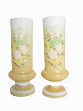 LOVELY ANTIQUE 19th CZECH BOHEMIAN CAMEO RELIEF MILK OPALINE GLASS PAINTED VASES