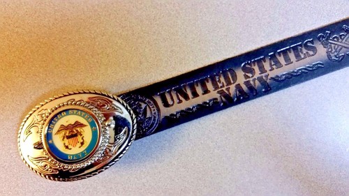 Navy leather belt - &, trophy