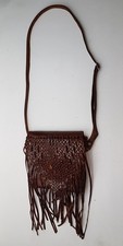 WOMENS BROWN REAL LEATHER CROSSBODY SHOULDER BAG BRAIDED FRINGE TOP FLAP HIPPIE