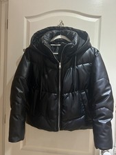 Zara Faux Leather Puffer Bubble Jacket Hooded Women’s  M Black Limited Edition
