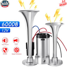 600DB Super Loud Train Air Horn Kit 12V Truck Car Dual Trumpet w/Air Compressor